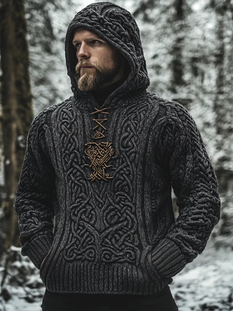 Men's Viking Inspired Celtic Jacquard Retro Hooded Sweater