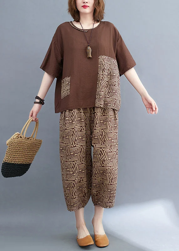 Brown Patchwork Print Cotton Two Piece Set Asymmetrical Summer