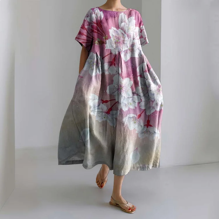 Comstylish Women Floral Art Linen Blend Maxi Dress