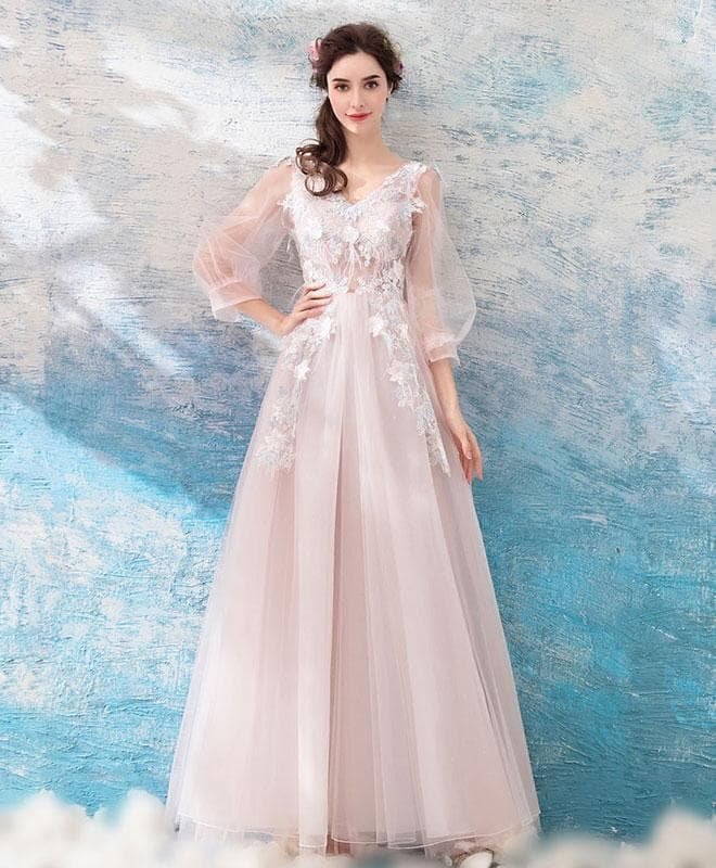 Pink V Neck Tulle Lace Long Prom Dress, Pink Evening Dress