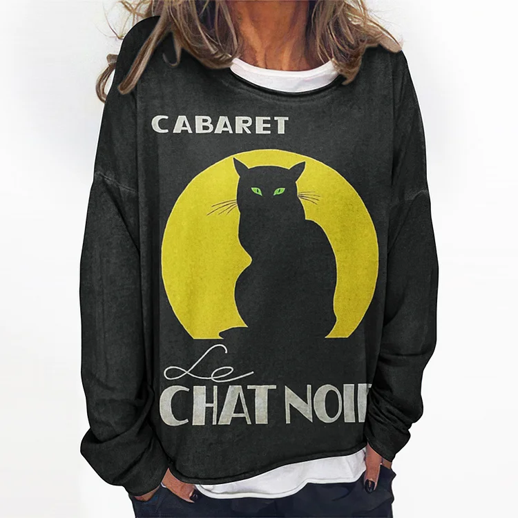Vefave Casual Crew Neck Cat Print Long Sleeve Sweatshirt