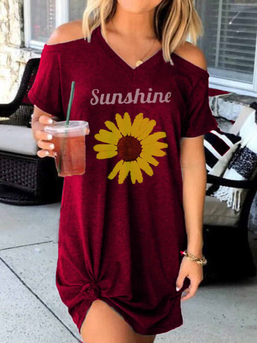 Sunshine Sunflower Off-the-shoulder Short Sleeve Dress