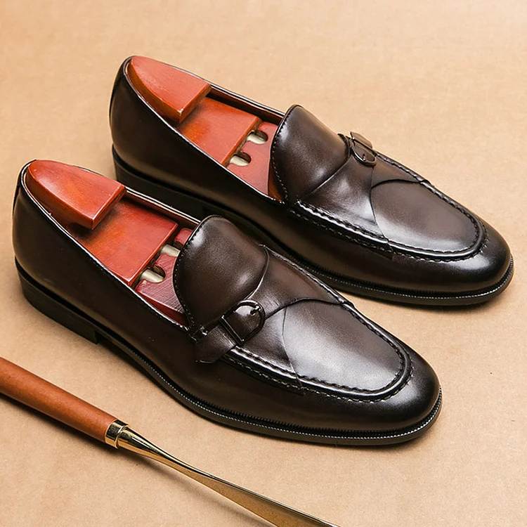 PU Leather Buckle Stitching Pointy Toe Formal Dress Shoes