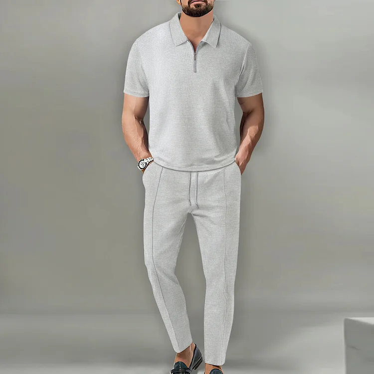 Men's Waffle Half-zipper Collar Polo T-shirts & Pants 2 Pcs Set