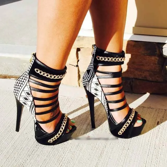 VCSHOES Leather Print Platform Peep Toe High Heel Sandals