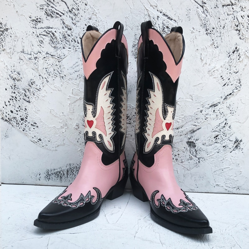 TAAFO Black Pink Boots For Ladies Embroidered Block Heels Ladies Knee High Cowgirl Western Cowboy Boots
