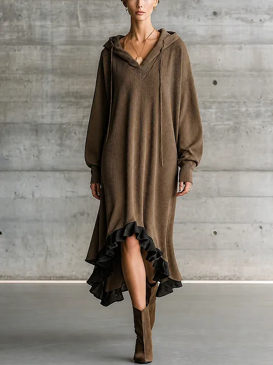 Women's Long Sleeve Hooded Corduroy Brown Dress MD
