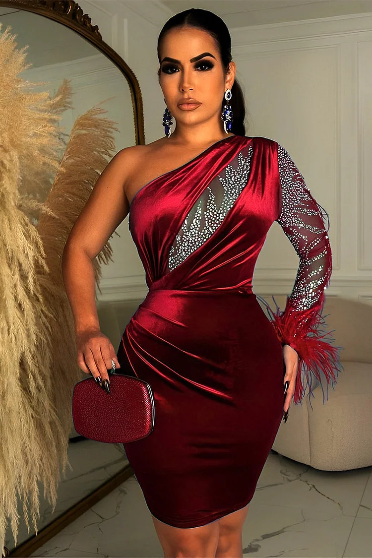 One Shoulder Rhinestone Feather Cuff Bodycon Cocktail Party Mini Dresses