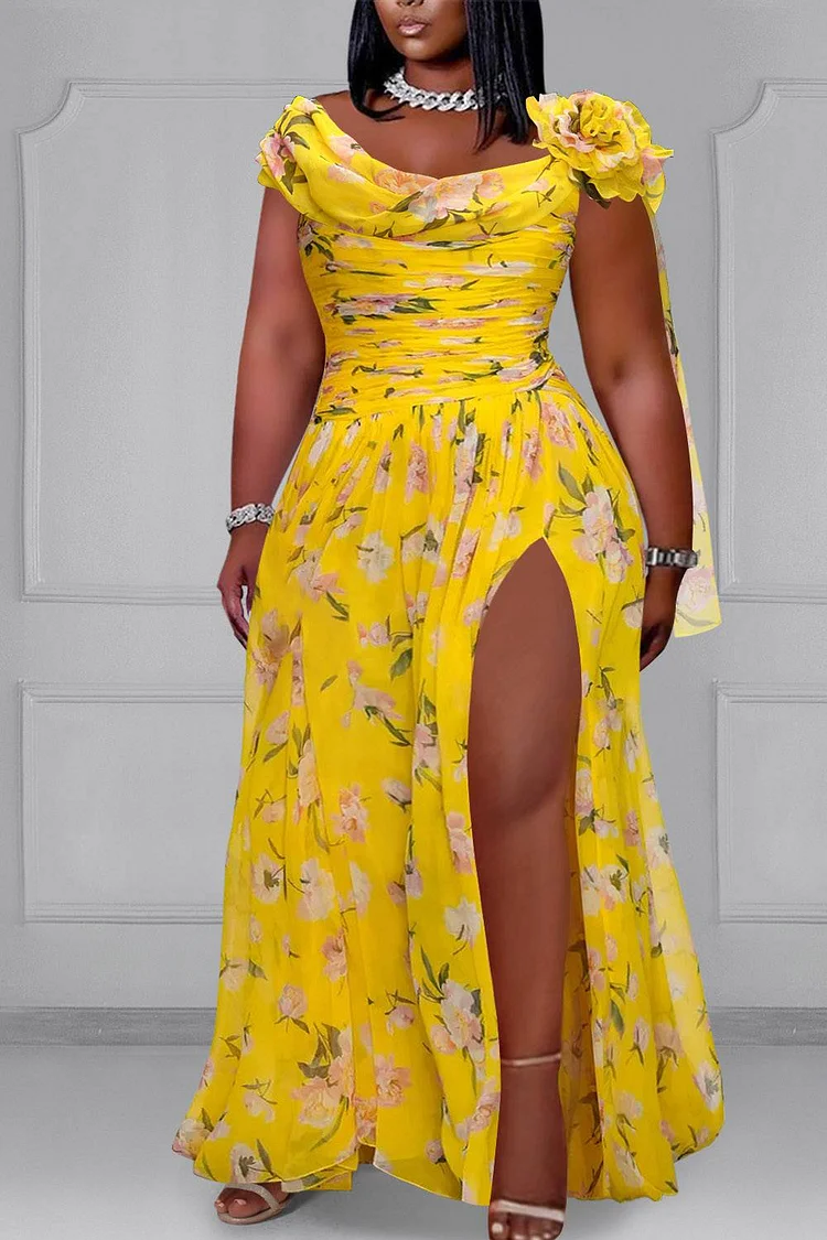 Plus Size Wedding Guest Yellow Ditsy Floral Smocked Boat Neck Split 3D Chiffon Maxi Dresses