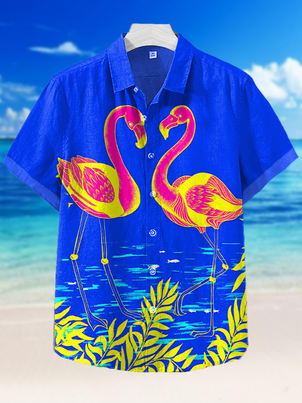 Men's Vacation Style Flamingo Art Print Short Sleeve Shirt