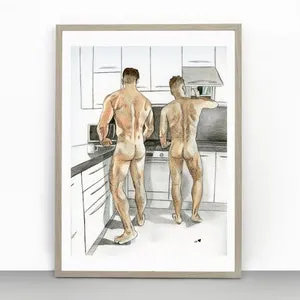 pornhint Pornhint How do you like your eggs in the morning? Gay Art Print Gay couple Gay Lovers Erotic Male Nude