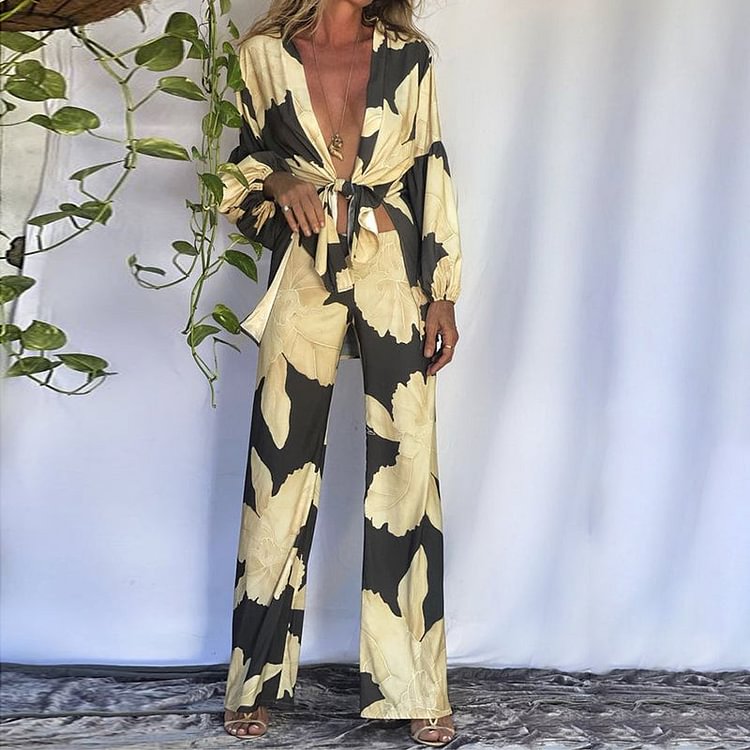 VChics Floral Balloon Sleeve Kimono And Pants Two-piece Set
