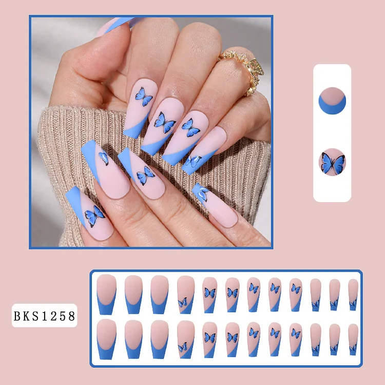 European and American Wear Armor Blue Butterfly French Style Medium Style Beauty Nail Tip Fake Nails Love Nail Tip Press on Nail