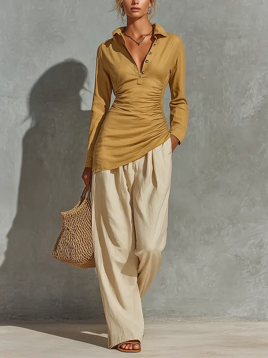 Women’s Mustard Linen Collar Half Button Side Ruched Asymmetrical Hem Long Sleeve Top & Beige High Waist Pocket Wide Leg Pants Two Piece Matching Set MD