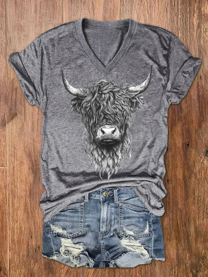 Women's Highland Cow Print V-Neck Short Sleeve T-Shirt socialshop
