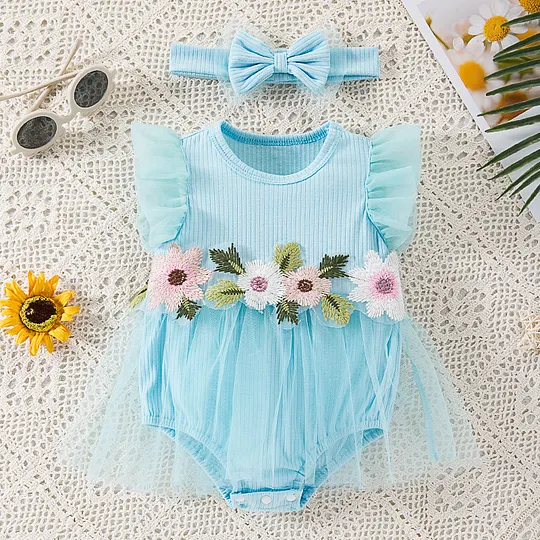 【0M-18M】Girls' Cap Sleeve Romper Dress – Stylish Cute Floral One-Piece