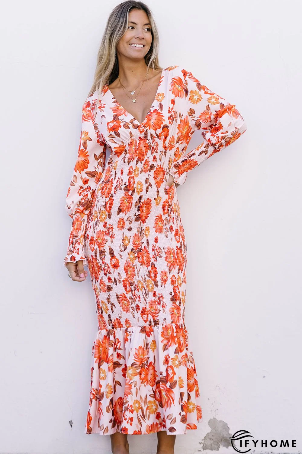 Orange Floral Print Shirred Fit and Flare Deep V Neck Midi Dress | IFYHOME