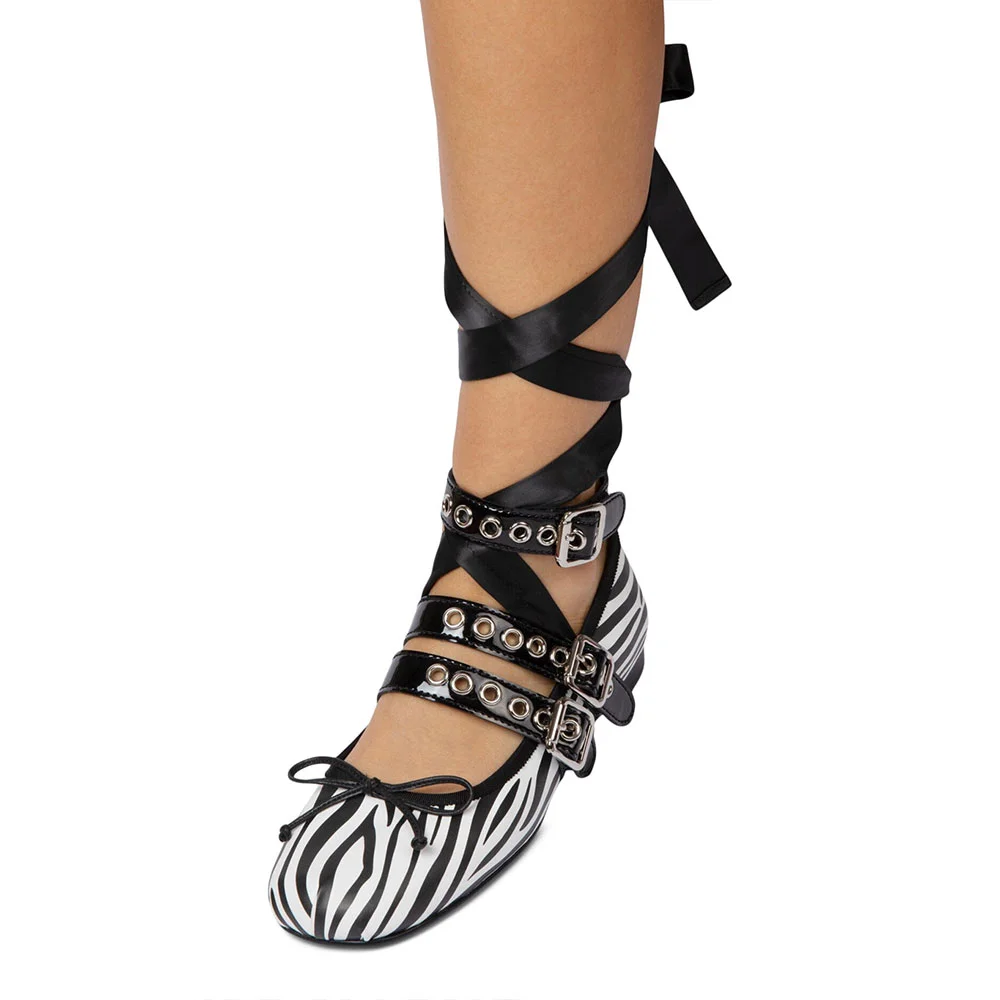 Zebra Vegan Leather Round Toe Bow Inlay Buckle Fastening Studded Strappy Black Lace Up Ballet Flats Nicepairs
