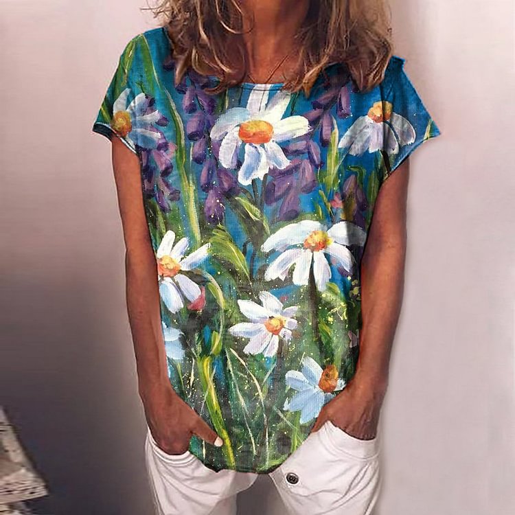 Casual Crewneck Daisy Print T-Shirt