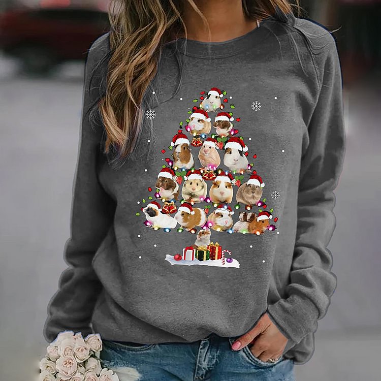 Comstylish Merry Christmas Animal Print Round Neck Long Sleeve Casual Sweatshirt