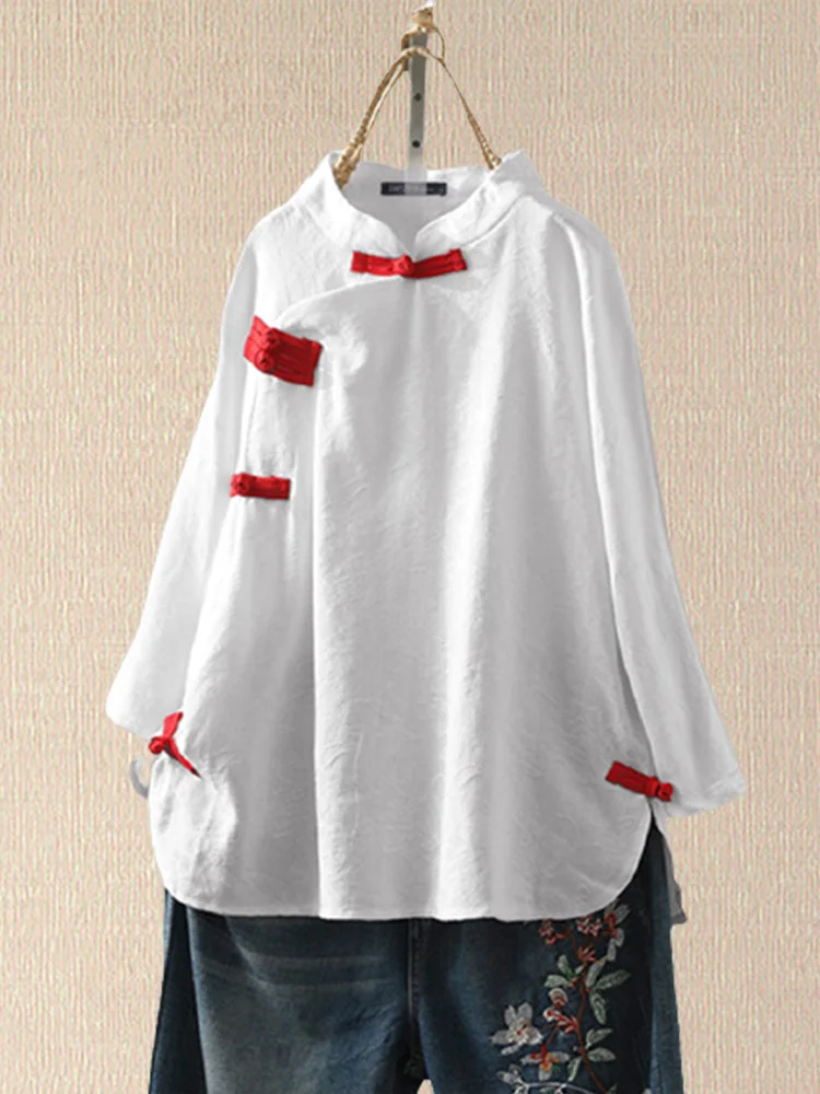 Women's literary loose disc button linen shirt QueenFunky