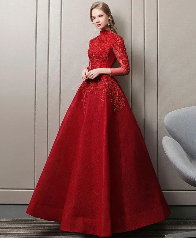 Burgundy Lace Long Prom Dress, Burgundy Evening Dress