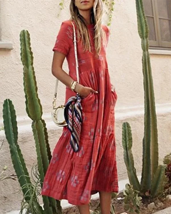Red Pockets Cotton-Blend Short Sleeve Dresses