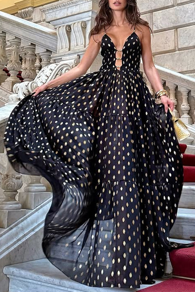 White Deep V Neck Red Polka Dot Lantern Sleeve Belted Long Dress main image 0