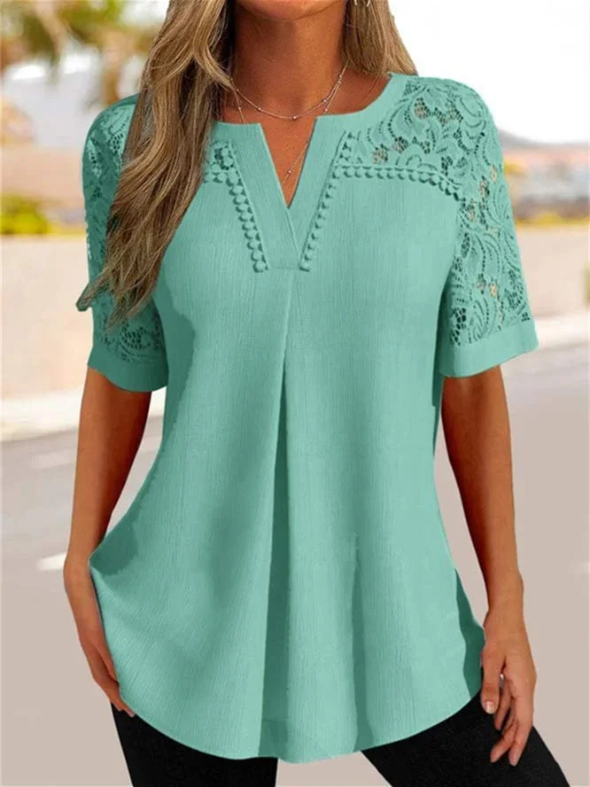 Women's Lace Short Sleeve V-neck Top
