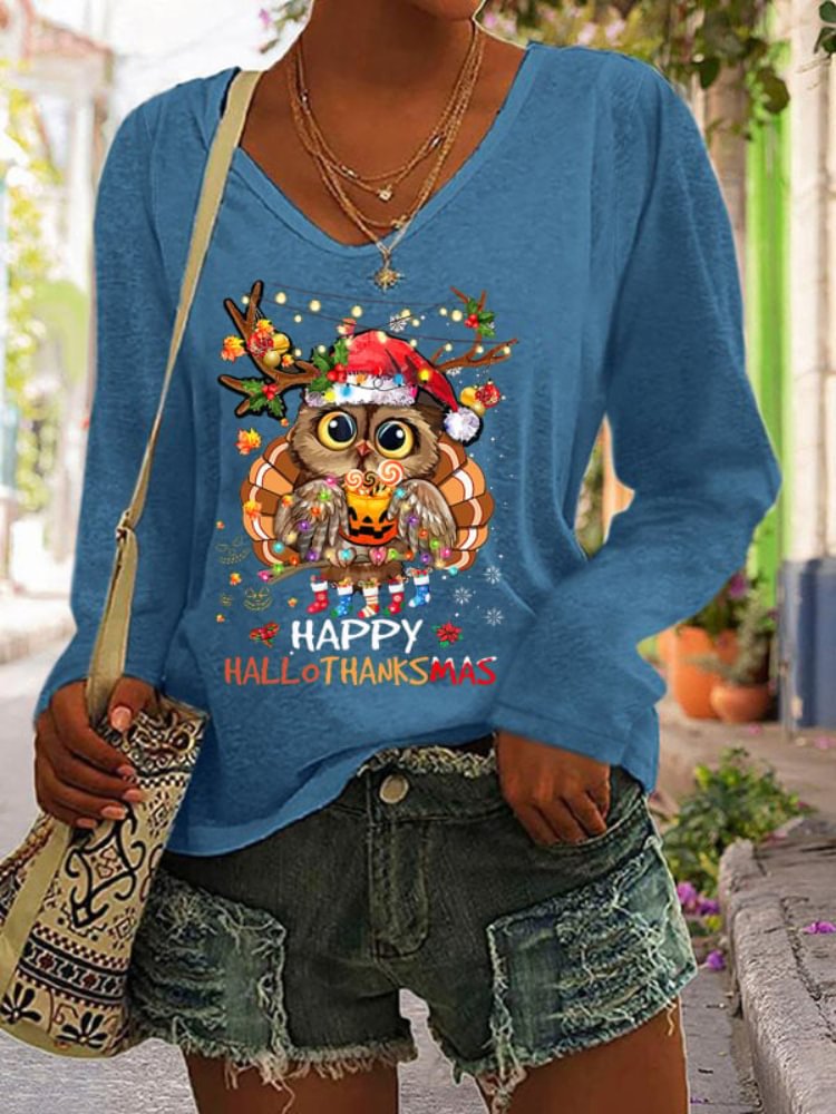Vefave Happy Hallothanksmas Owl Print V Neck T Shirt