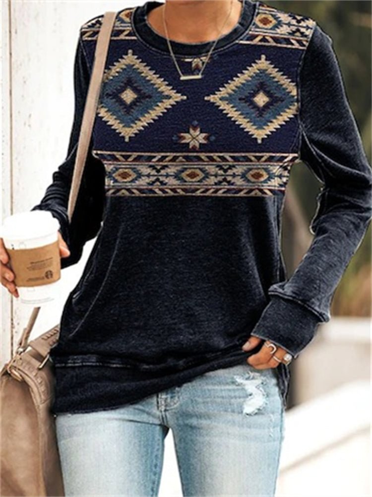VChics Western Aztec Pattern Patchwork Print Sweatshirt