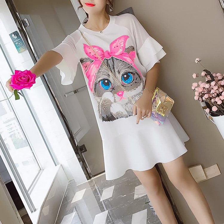 Black/White Kawaii Cat Falbala Dress SP1812528