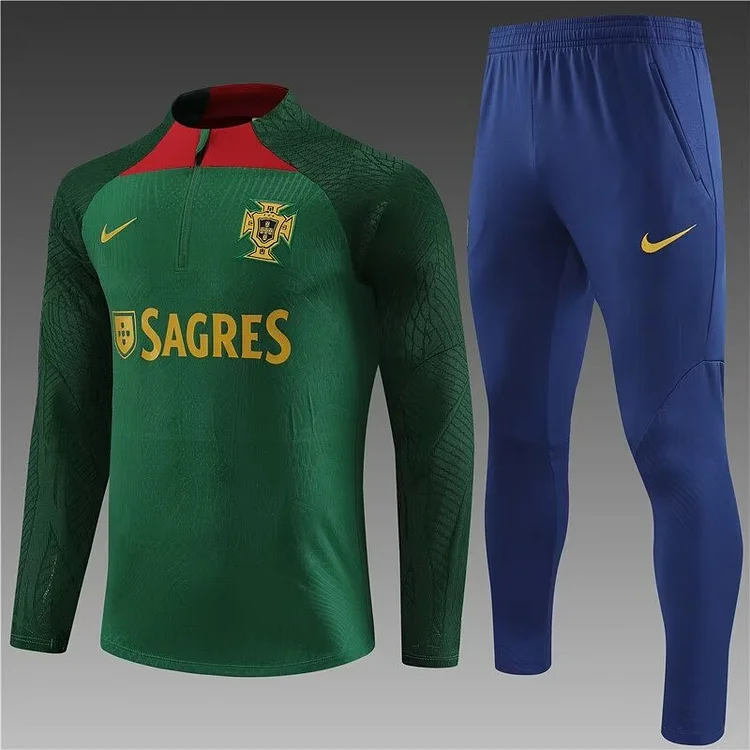 2023-2024 Player Version Portugal Half Pull Training Wear Green Football Shirt Set