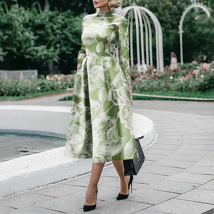 Printed Pockets Long Sleeves Elegant Midi Dresses