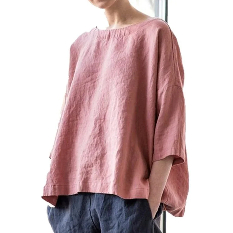 Smiledeer Cotton and linen  solid color womens shirt