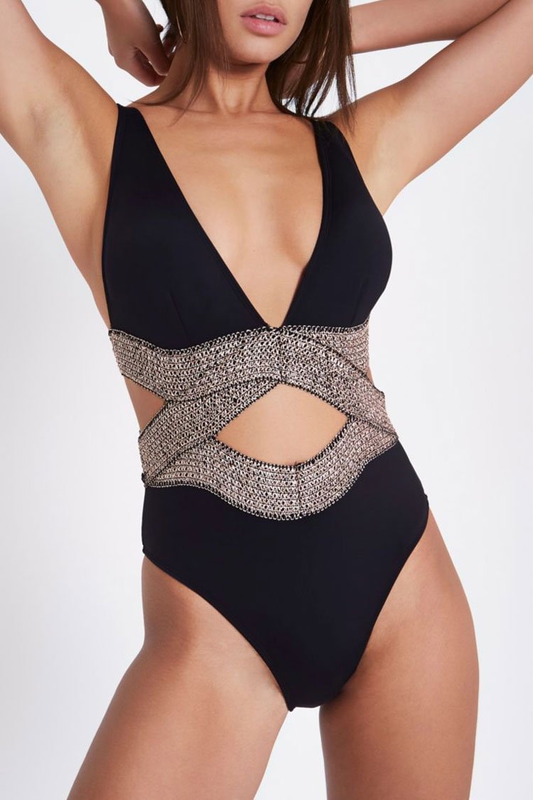 Metallic Cutout Deep V One Piece Swimsuit - Shop Trendy Women's Clothing | LoverChic