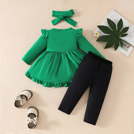 【9M-3Y】Girls' St. Patrick's Day Long-Sleeve Dress + Printed Pants + Headband Set
