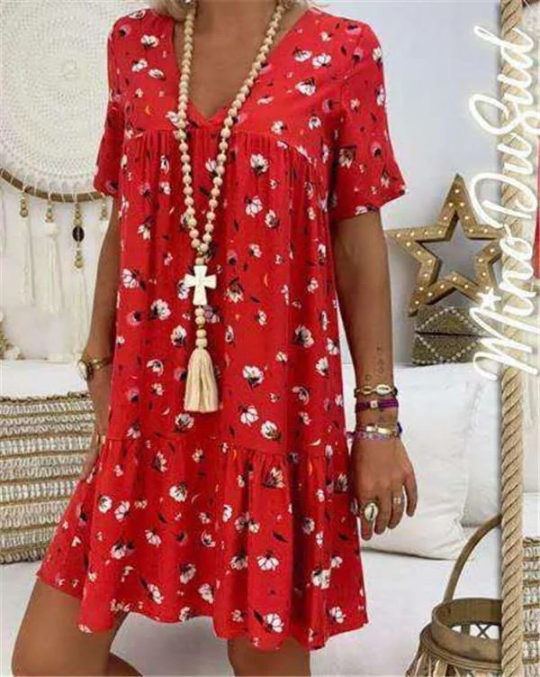 Women Floral Printed Short Sleeve V Neck Plus Size Mini Dress
