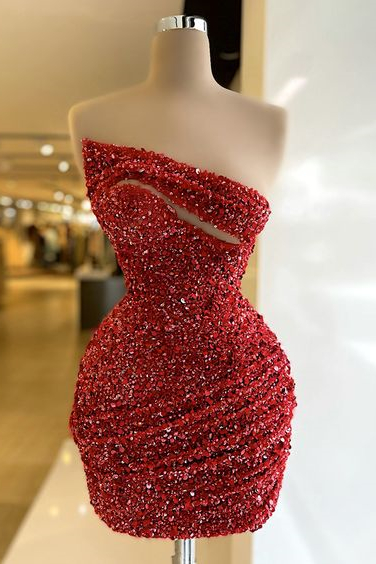 Dresseswow Red Short Prom Gown With Sequins On Sale Sleeveless