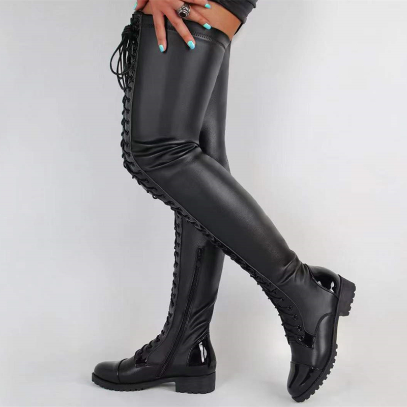 TAAFO Stretch Thigh High Lace -up Long Boots Round Toe Women Shoes Black Red Over Knee Boots Flat Heel