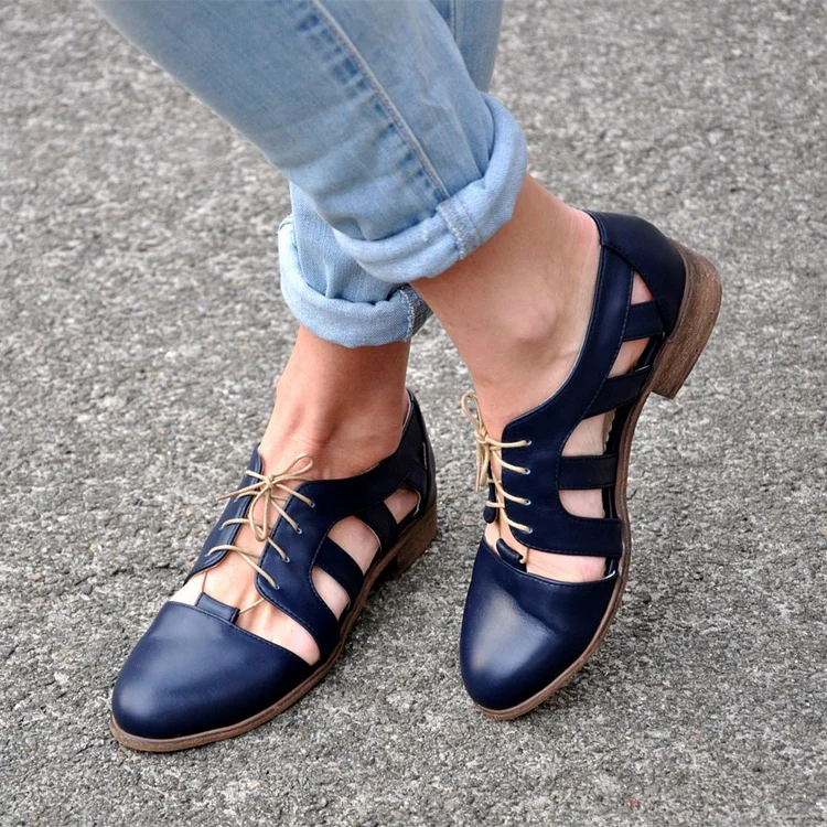Navy Comfortable Shoes Round Toe Lace up Women's Oxfords |FSJ Shoes