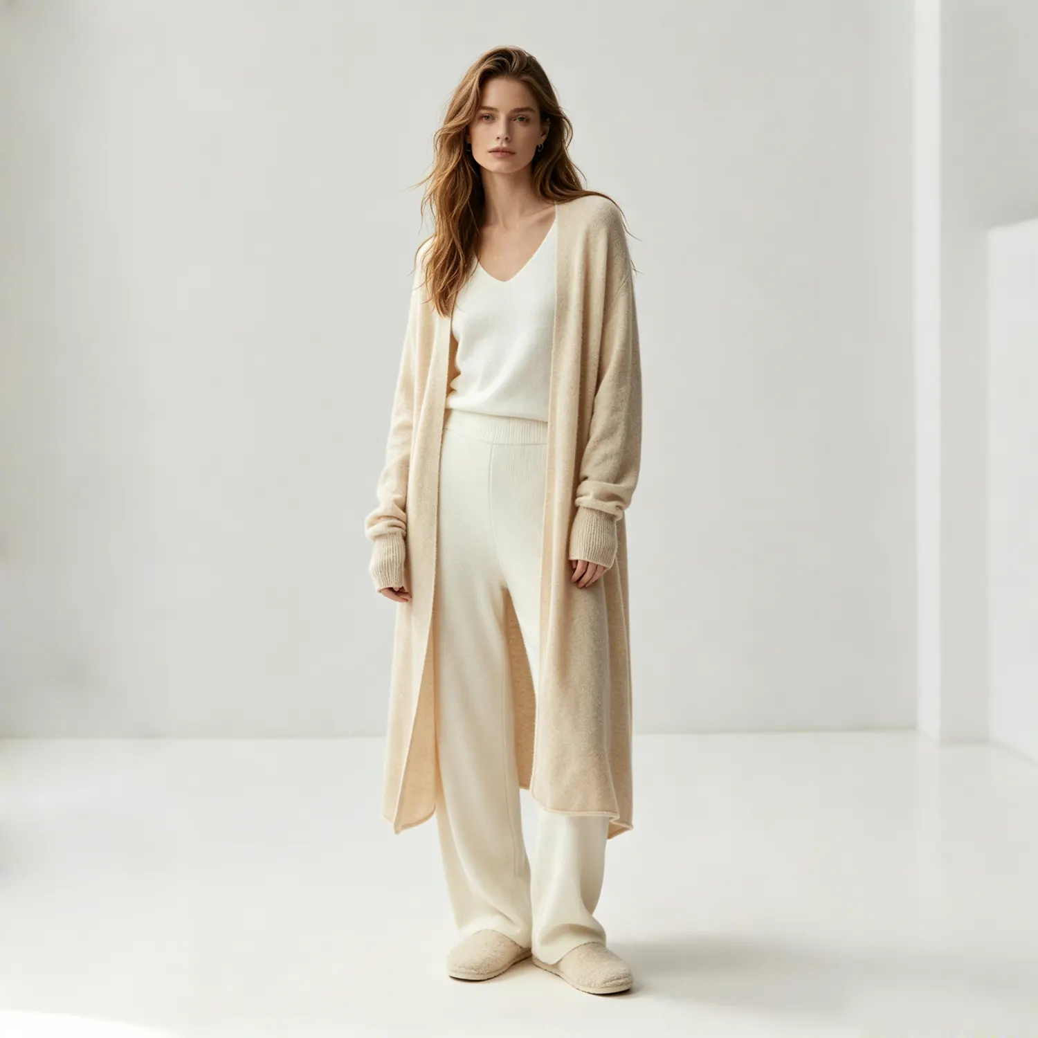 Cashmere Wool Blend Knit Cardigan Longline Open Front Minimal Daily Style REAL SILK LIFE