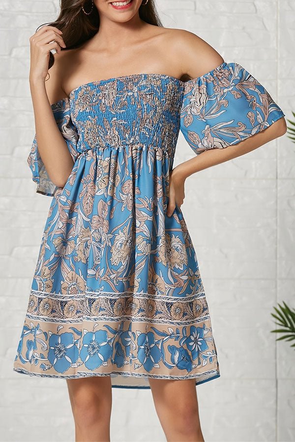 Print Off Shoulder A-line Dress - Life is Beautiful for You - SheChoic