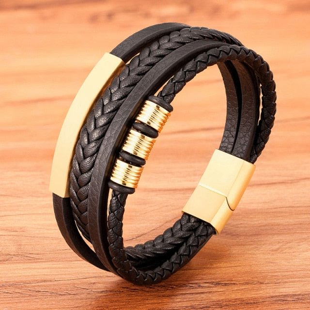 YOY-New Stainless Steel Black Multilayer Genuine Leather Bracelet For Men