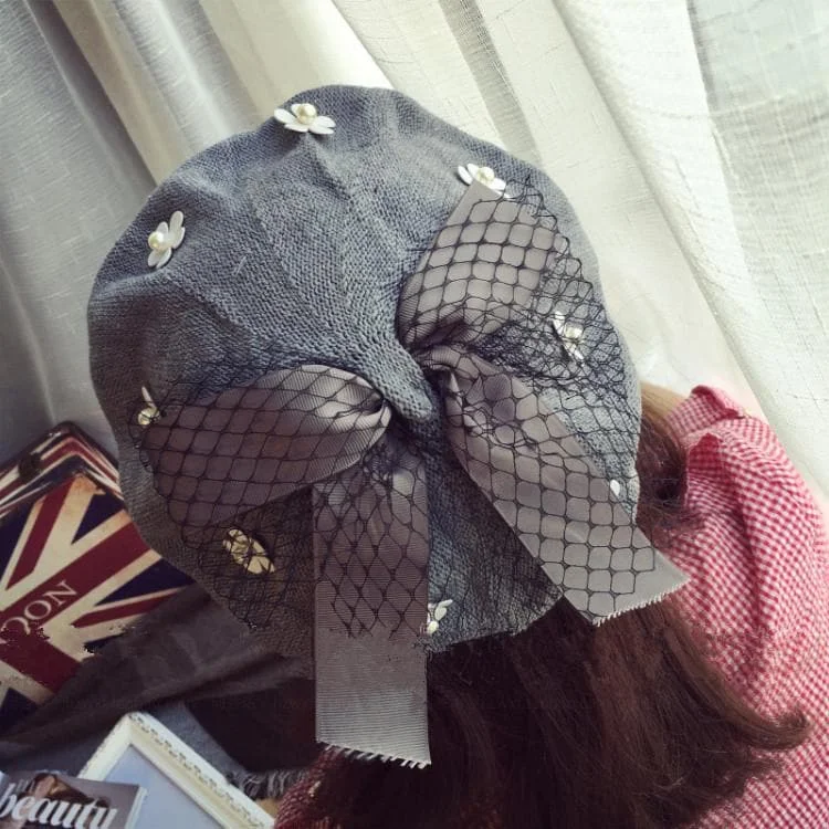 Grey/Black/Wine Red Floral Bow Beret Hat SP1710914