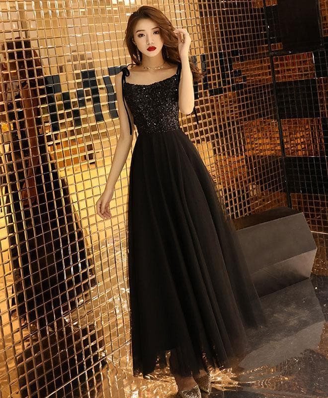 Black Sequin Tulle Long Prom Dress, Black Tulle Evening Dress
