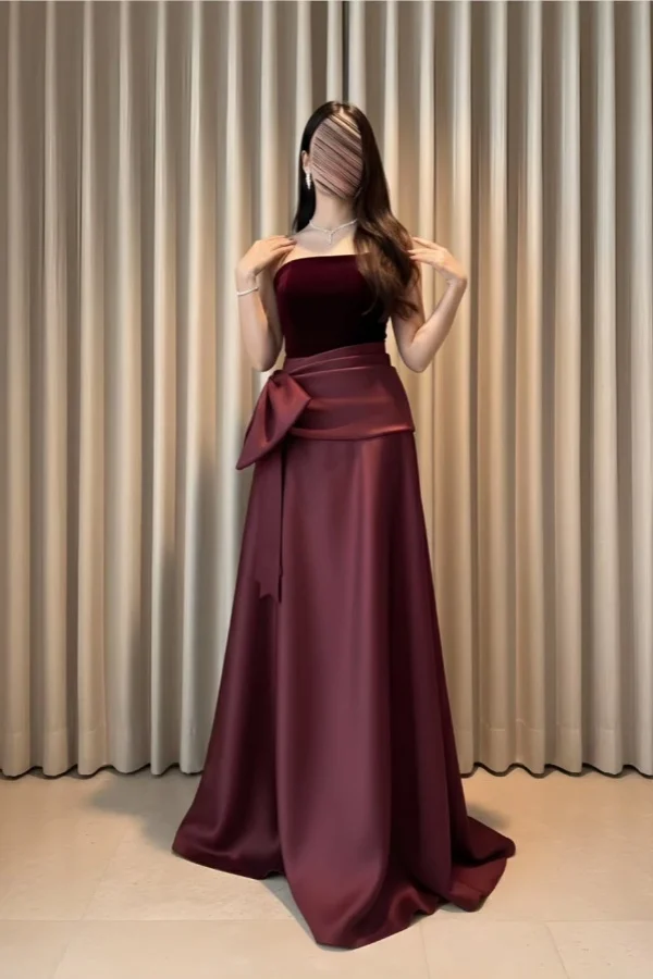 Lussooy Gorgeous Strapless Sleeveless Burgundy Prom Dress with Bow