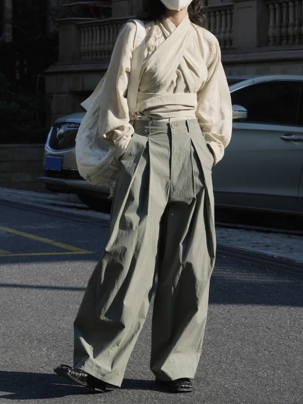 Literary Wide-Leg Casual Baggy High-Waisted Pants