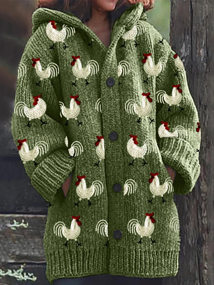 Roosters Embroidery Pattern Cozy Knit Hooded Cardigan