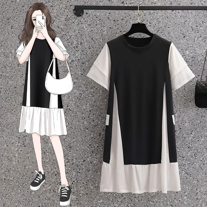 Colorblock Round Collar Fake Two Pieces Loose Dress